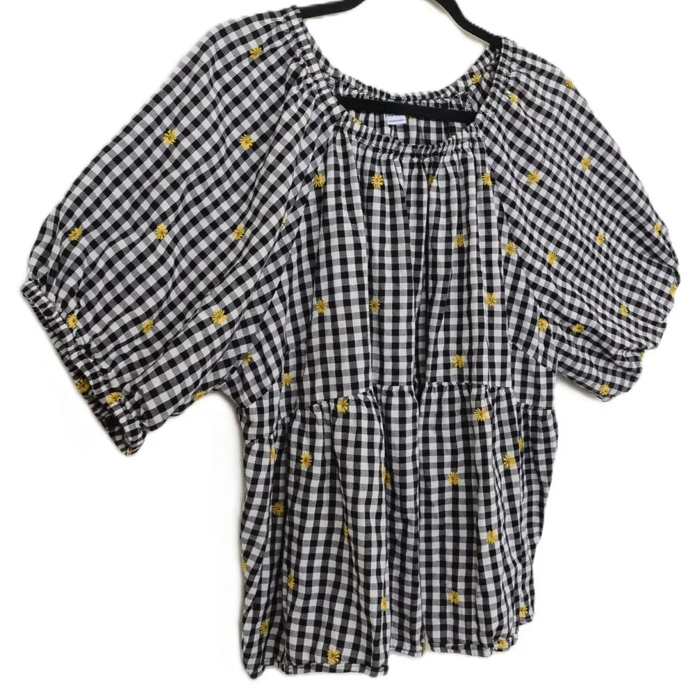 Old Navy PLUS XXL Gingham Floral Daisy Embroidered Puff Sleeve Babydoll Top